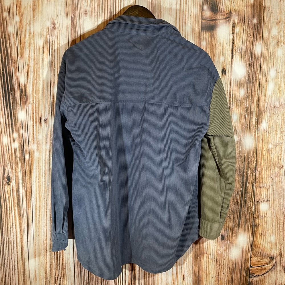 No Comment Color Block Blue/Green Corduroy Button Down Shirt Size Large - Picture 3 of 4